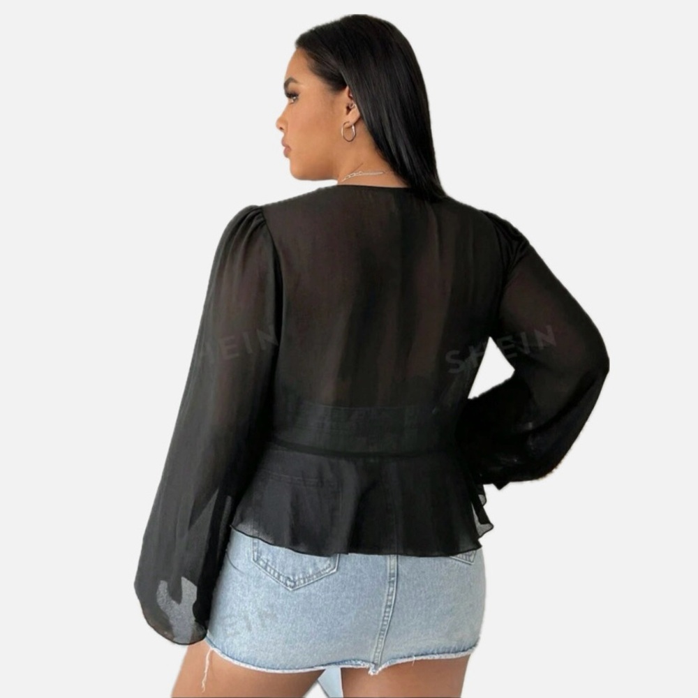 3/$30 TRADITION Sheer Black Open Front Bell Sleeve Blouse Cover Up Size 8 Medium